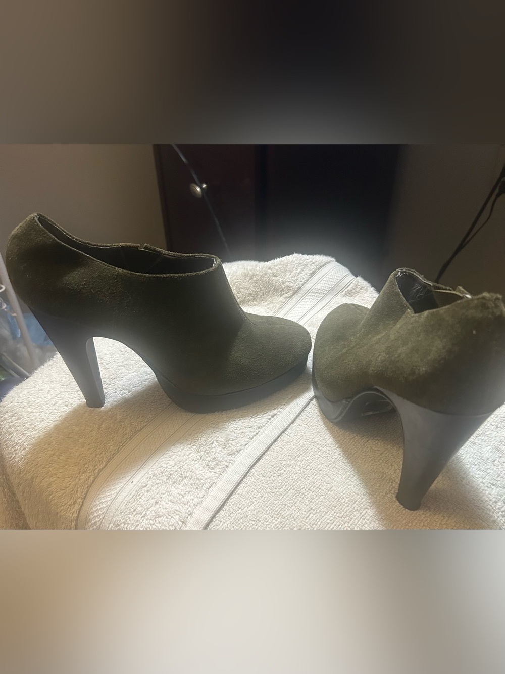 Newport News Olive Suede High Heel Ankle Booties